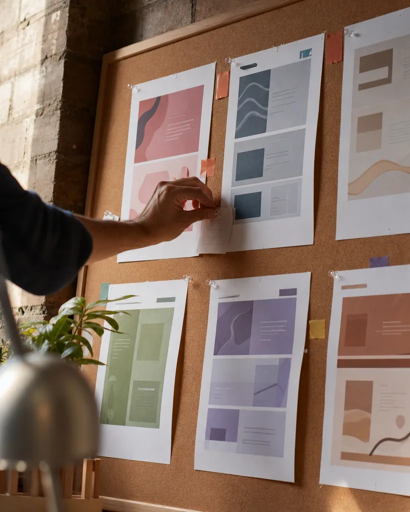 Cork board in an agency studio with website mockups for several client brands and pinned quote slips