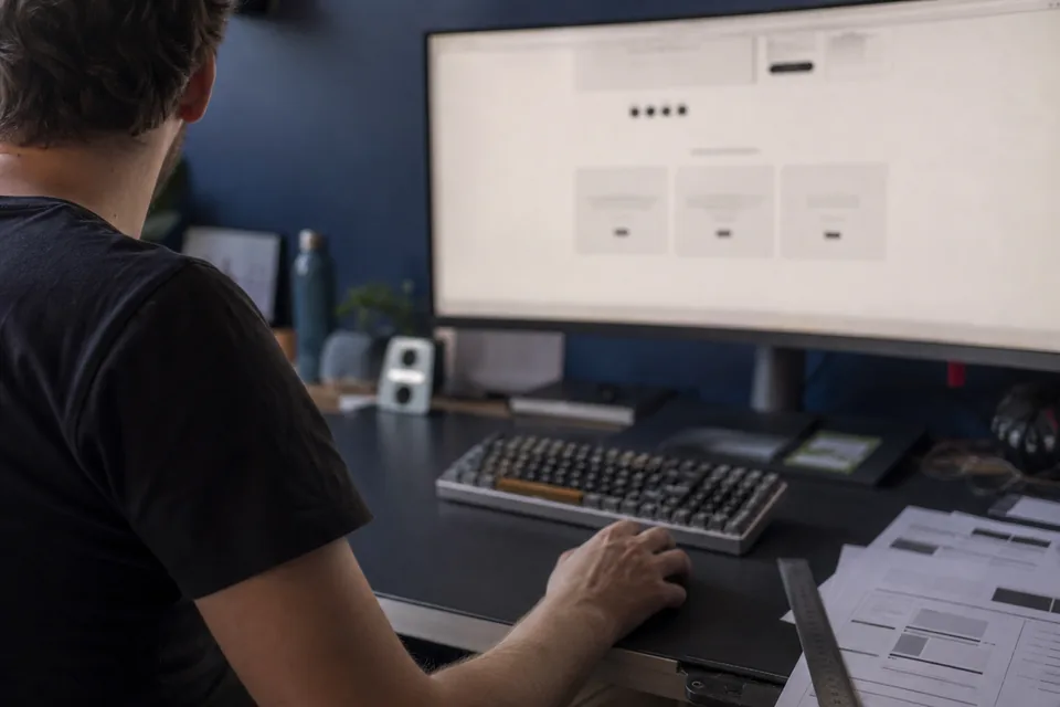 Web designer at a wide monitor adjusting a testimonial section on a landing page, with printed page layouts on the desk