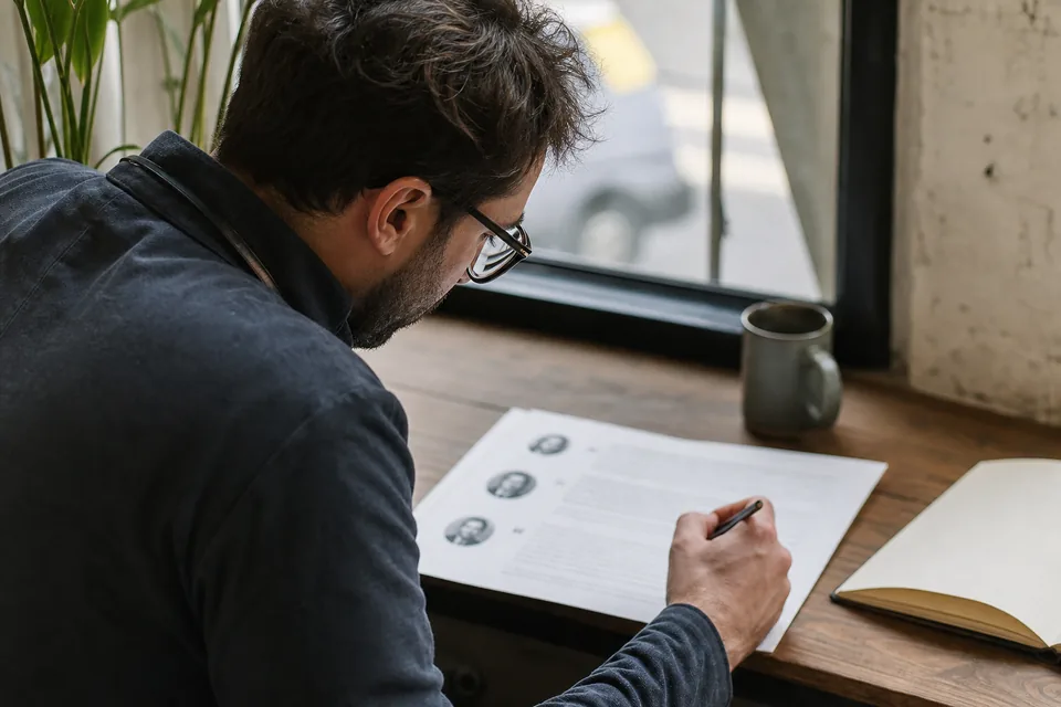 Content marketer reading a printed testimonial with a pencil at a window seat