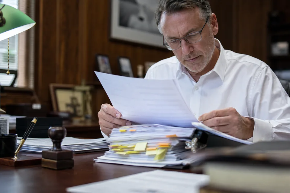 Compliance lawyer checking printed reviews against a binder of guidelines with sticky tabs