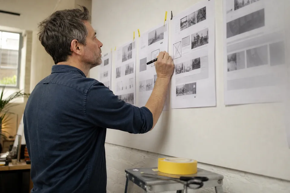 Designer marking quote placements on large printouts of website pages taped to a wall