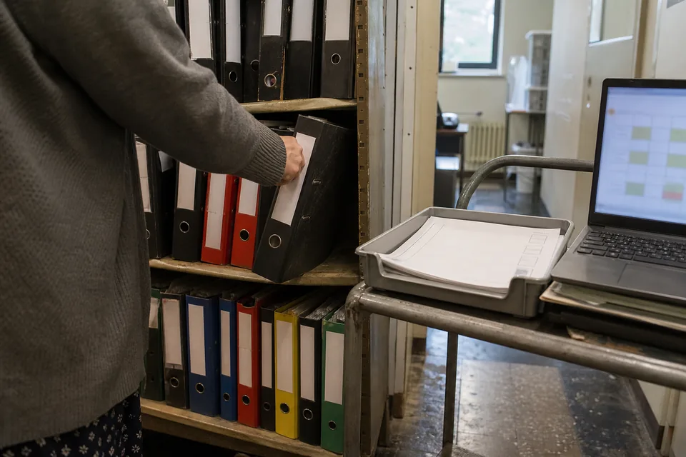 Arm of an office worker pulling a lever arch binder from a metal shelf packed with binders, a tray of blank paper forms and a laptop on a wheeled cart in a cramped archive room