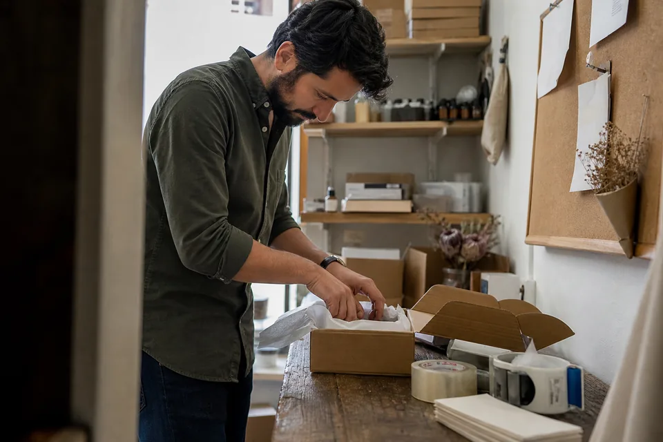Online shop owner packing orders while reading a printed customer review pinned above the packing table