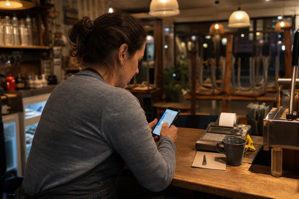 Cafe owner at the counter reading customer reviews on a phone after closing time