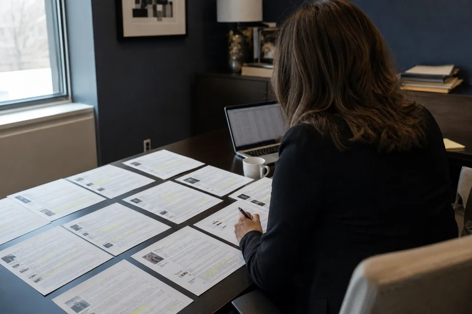 Marketing manager at a desk comparing printed customer reviews with a laptop list of review sources, seen from behind her shoulder