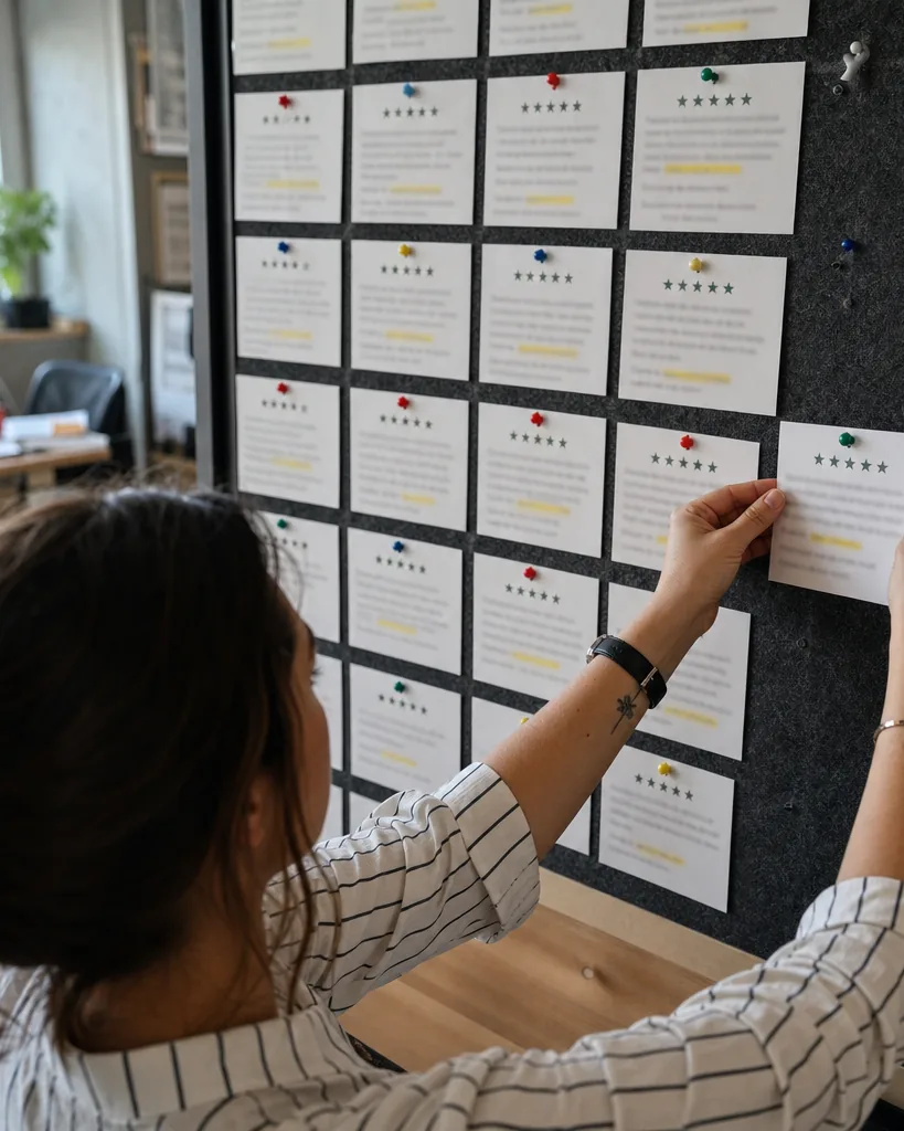 Pin board in a marketing agency office covered with printed customer review cards in neat columns, each with a row of stars and a highlighted sentence, a hand pinning a new card