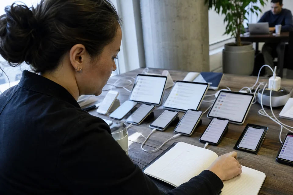App product manager checking store reviews on several test phones laid out on a desk