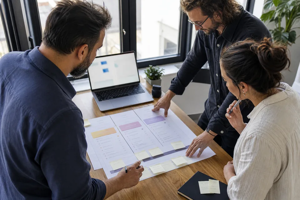 SaaS product team reviewing printed pricing page drafts with quotes taped next to plan columns