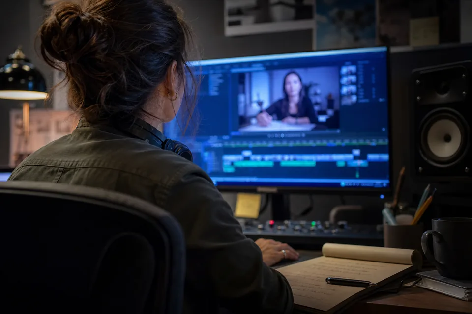 Video editor trimming a short customer interview clip on a timeline in a small editing room